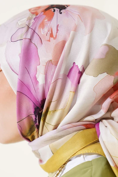 Ebruli Çiçek Desenli Eşarp Yağ Yeşili - Resim 4