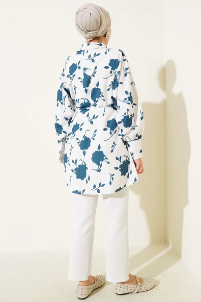 Minik Yaprak Desenli İp Kuşaklı Gömlek Petrol - Resim 3
