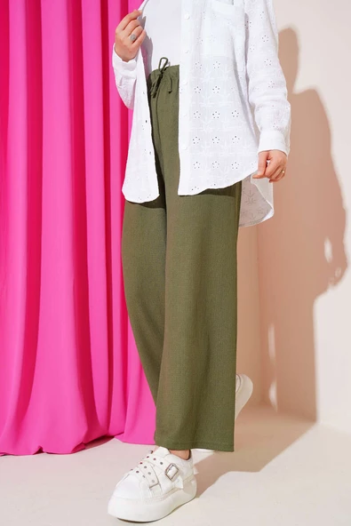 Bel İp Detaylı Bürümcük Pantolon Haki ürün görseli 1