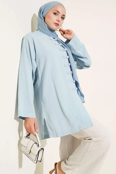 Önü Düğme Detaylı Keten Tunik Mavi ürün görseli 1