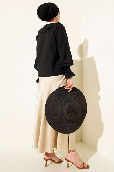 Bebe Yaka Nakışlı Bağlamalı Bluz Siyah - Resim 3