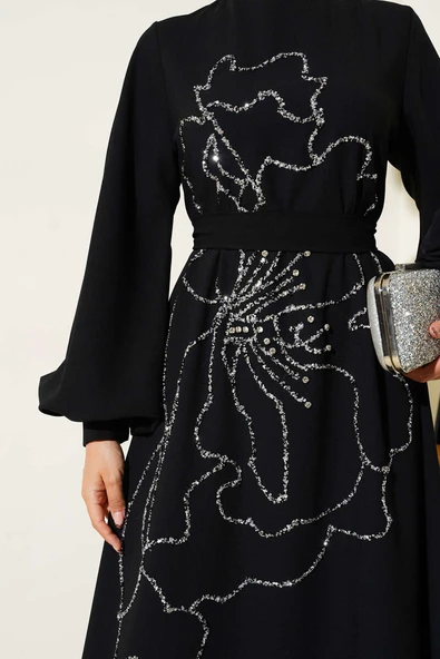 Çiçek Taş Süslemeli Abiye Elbise Siyah - Resim 4
