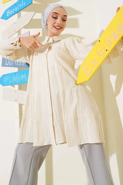 Kolları İp Bağlamalı Gömlek Bej ürün görseli 1