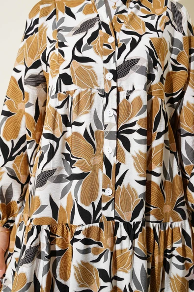 Hakim Yaka Floral Desenli Elbise Hardal - Resim 4