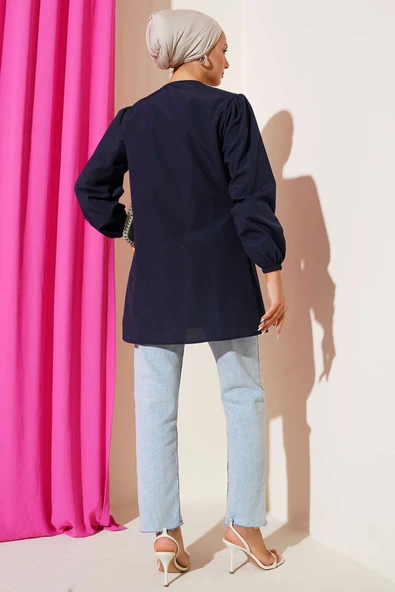 Önü Büzgülü Bağcıklı Gömlek Lacivert - Resim 3