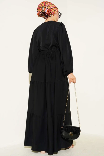 Yarım Düğmeli Belden Tünelli Elbise Siyah - 3