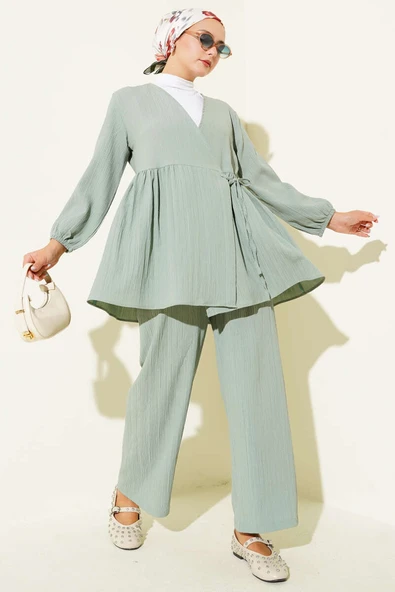 Yan İp Bağlamalı Ağaç Kabuğu İkili Takım Çağla Yeşili ürün görseli 1