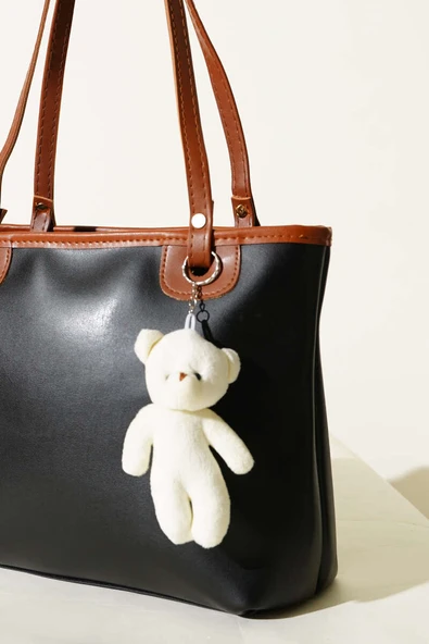 İnce Kulplu Ayıcık Aksesuarlı Çanta Siyah - Resim 3