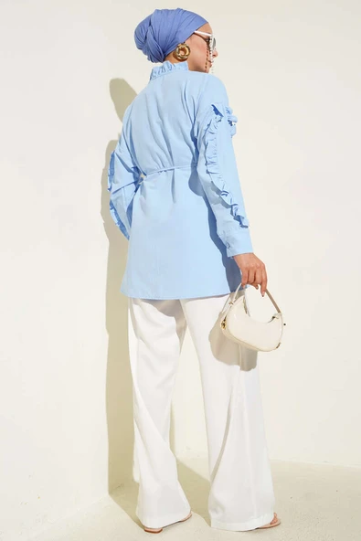 Hakim Yaka Fırfırlı Gömlek Mavi - Resim 3