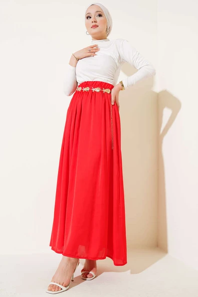 Beli Lastikli Saten Kloş Etek Kırmızı - Resim 2