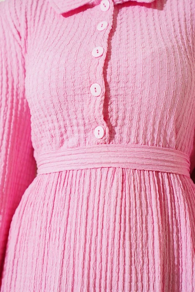 Yarım Düğmeli Gofre Elbise Pembe - Resim 4