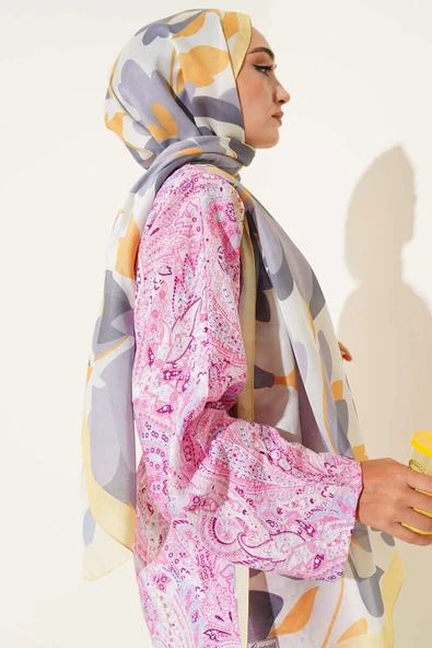 Menekşe Desen Soft Şal Sarı - Resim 3