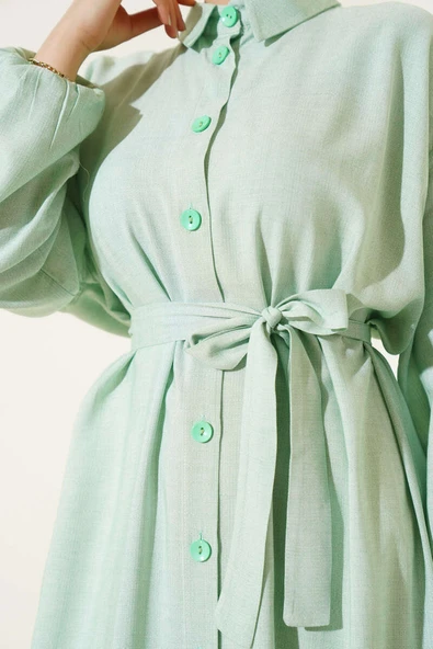 İp Bağcıklı Önden Düğmeli Uzun Tunik Su Yeşili - Resim 4