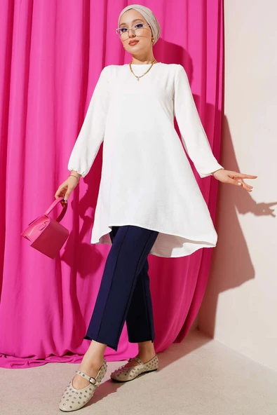 Bisiklet Yaka Biyeli Ayrobin Tunik Ekru - Resim 2