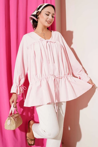 Tünelli Büzgülü Kimono Pembe