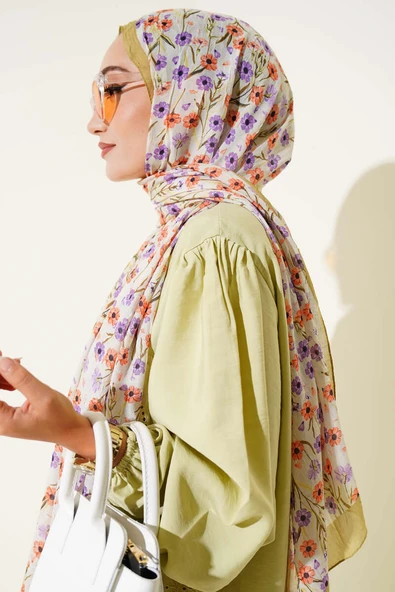 Papatya Desen Bambu Kraş Şal Yağ Yeşili - Resim 3