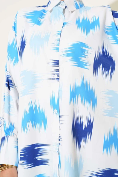 Fırça Desenli Bilek Manşetli Gömlek Mavi - Resim 4