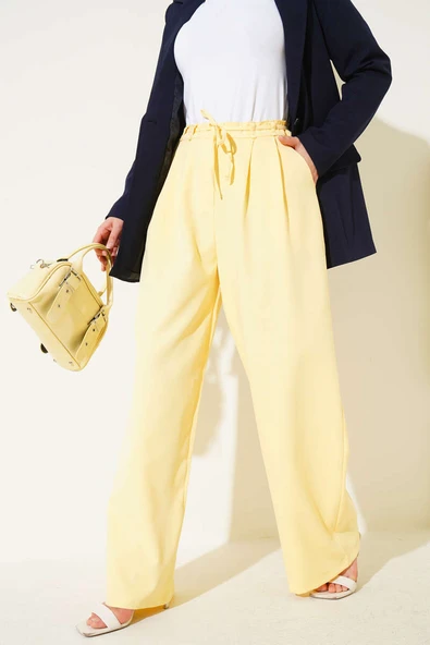 Pile Detaylı İp Kuşaklı Pantolon Sarı - Resim 2