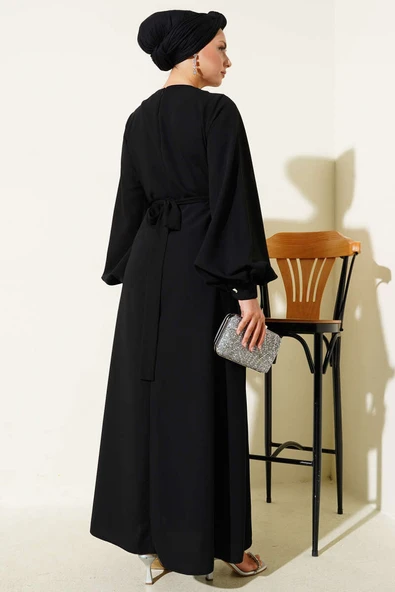 Çiçek Taş Süslemeli Abiye Elbise Siyah - Resim 3