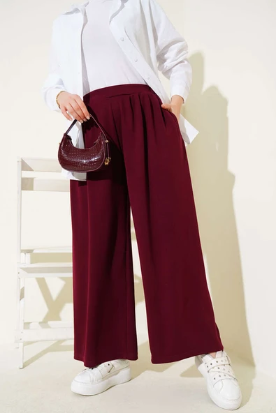 Loyşa Cepli Geniş Paça Pantolon Bordo - Resim 2