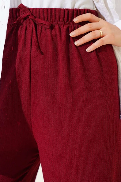 Bel İp Detaylı Bürümcük Pantolon Bordo - Resim 4
