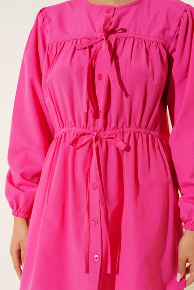 Önü Büzgülü Bağcıklı Gömlek Fuşya - Resim 4