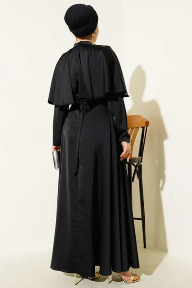 Boleronlu Saten Abiye Elbise Siyah - Resim 3