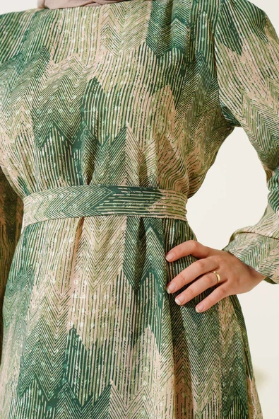 Desenli Viscon Elbise Yeşil - Resim 4