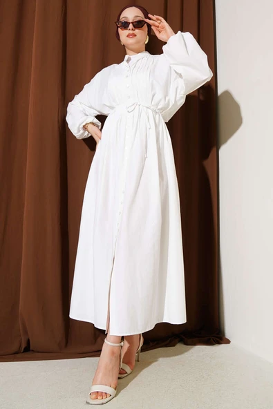 Önü Nervürlü İp Kuşaklı Elbise Beyaz ürün görseli 1