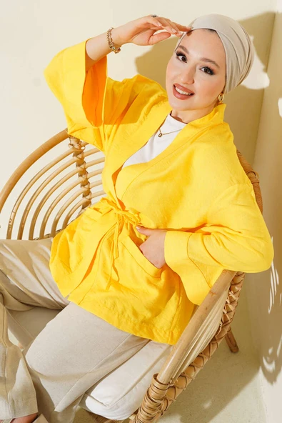 Çift Cepli İp Bağlamalı Kimono Sarı ürün görseli 1