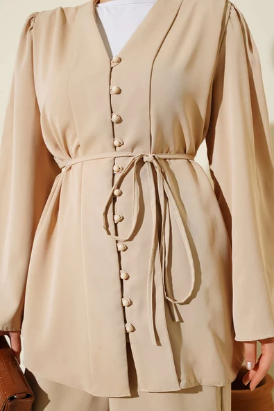 Brit Düğmeli İp Kuşaklı Tunik İkili Takım Bej - Resim 4