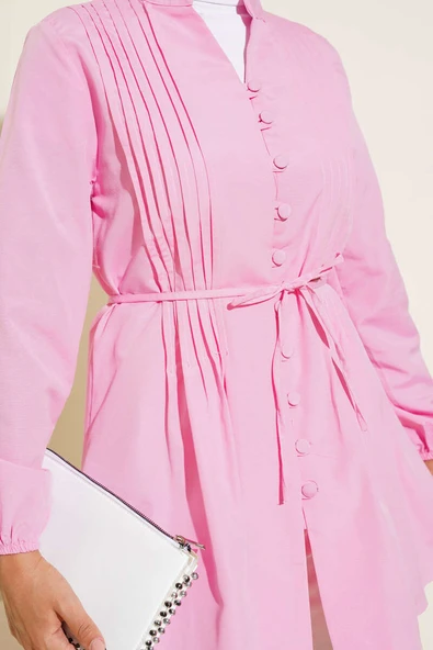 Önü Pileli Terikoton Gömlek Pembe - Resim 4