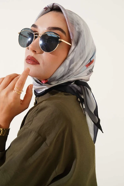 Çiçek Desen Twill Eşarp Siyah - Resim 2