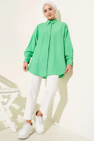 Basic Gizli Düğmeli Gömlek Yeşil - Resim 2