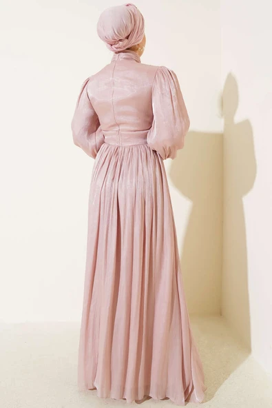 Şifon İp Bağlamalı Piliseli Abiye Elbise Pudra - Resim 3