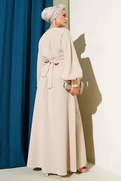 Çiçek Taş Süslemeli Abiye Elbise Bej - Resim 3