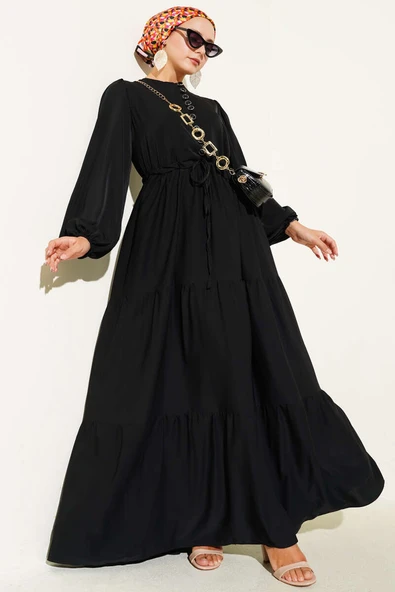 Yarım Düğmeli Belden Tünelli Elbise Siyah