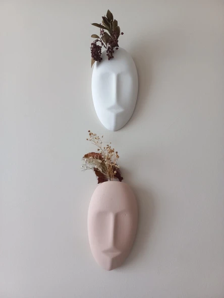 Dekoratif 2'li Yüz Duvar Vazosu, Duvar Süsü ,Heykel Aksesuar Beyaz Bej maske - Resim 4