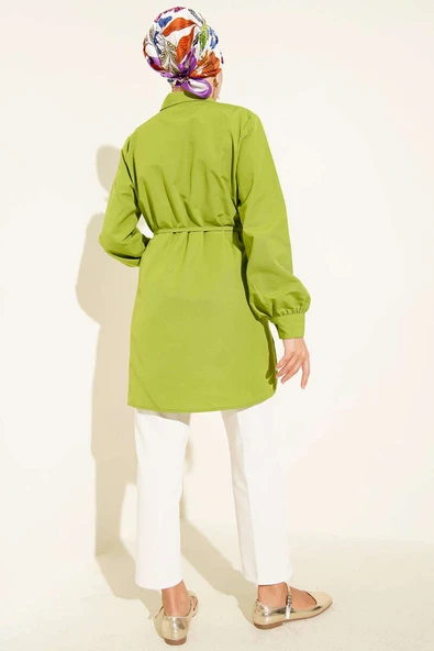 Önü Pensli İp Kuşaklı Tunik Fıstık Yeşili - Resim 3