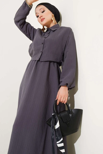 İnce Çizgili Tensel Elbise Füme - Resim 2