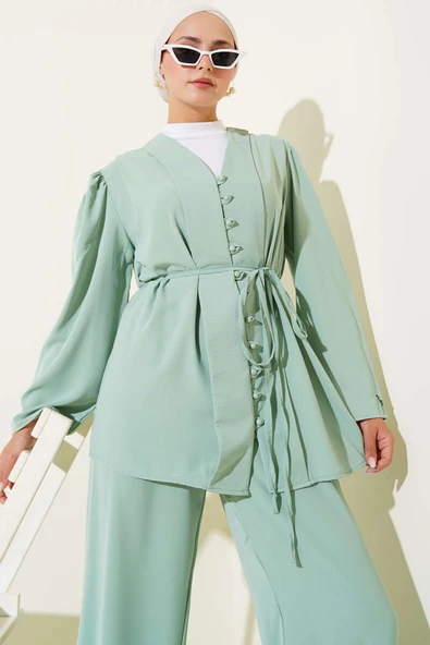 Brit Düğmeli İp Kuşaklı Tunik İkili Takım Mint Yeşili - Resim 2
