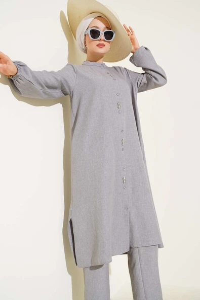 Önü Taş Detaylı Uzun Tunik İkili Takım Gri - Resim 2
