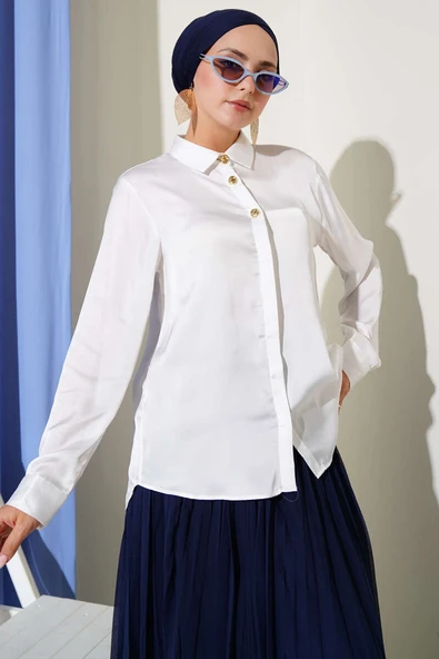 Gold Düğmeli Saten Gömlek Beyaz - Resim 2