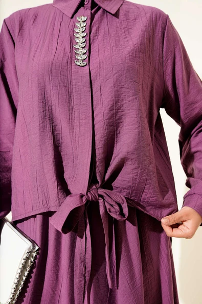 Taş Süslemeli Etekli İkili Takım Magenta - Resim 4