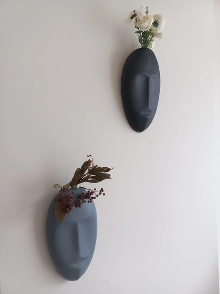 Dekoratif 2'li Yüz Duvar Vazosu, Duvar Süsü ,Heykel Aksesuar Siyah Gri Maske - Resim 2