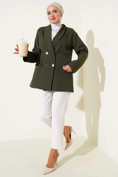Cep Kapaklı Dört Düğmeli Blazer Ceket Haki - Resim 2