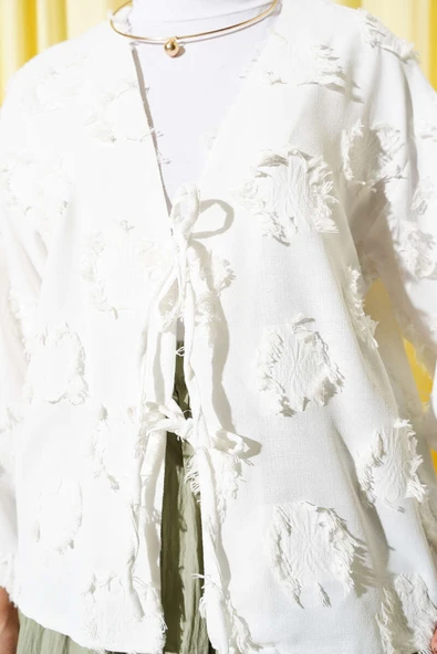 Salaş Püsküllü Detaylı Kimono Beyaz - Resim 4
