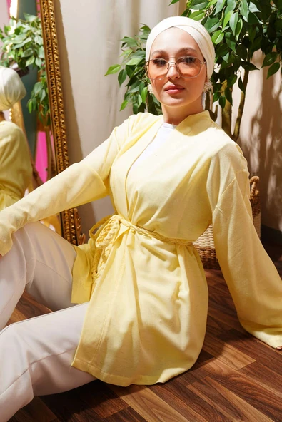 Örgü Kemerli Kimono Sarı
