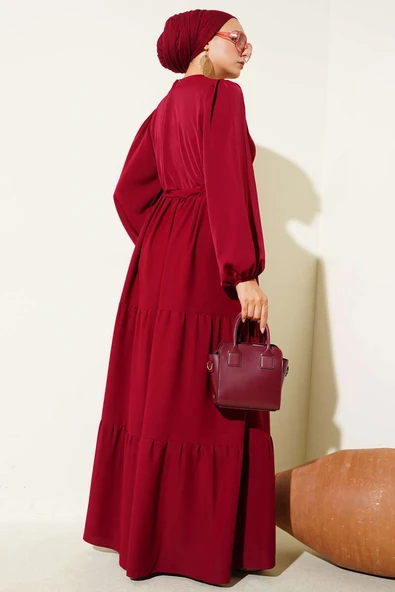 Yarım Düğmeli Belden Tünelli Elbise Bordo - Resim 3