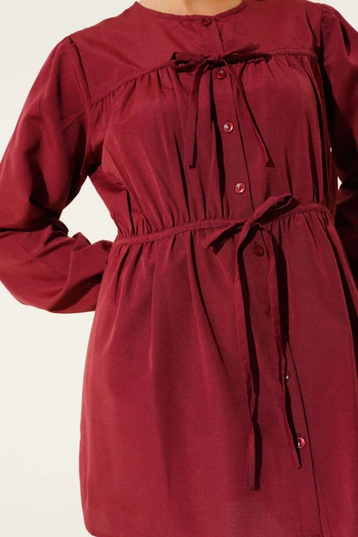 Önü Büzgülü Bağcıklı Gömlek Bordo - Resim 4